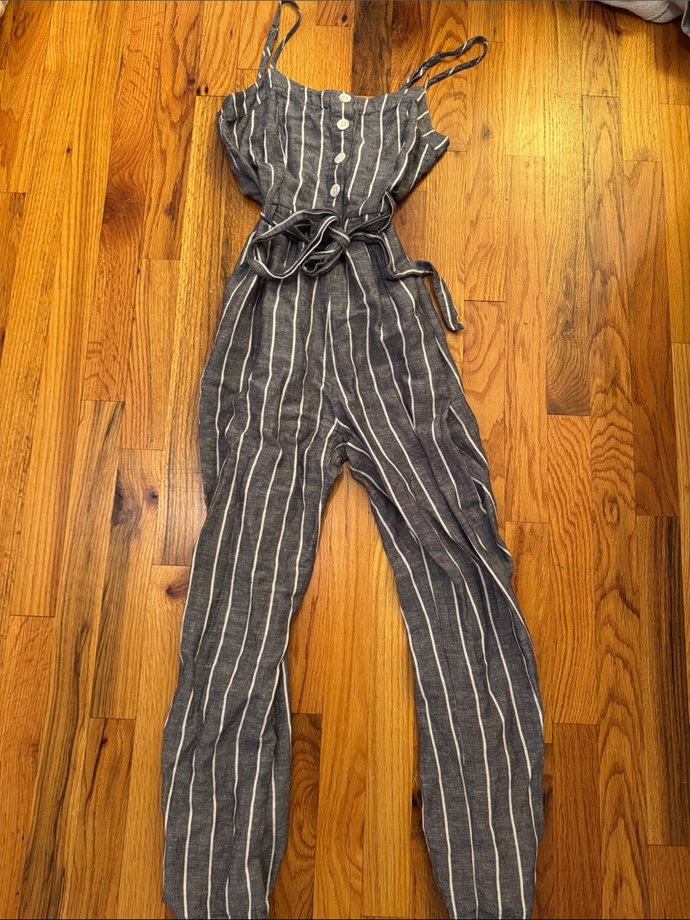 Rails Gray and White Striped Linen Jumpsuit with Tie Waist
